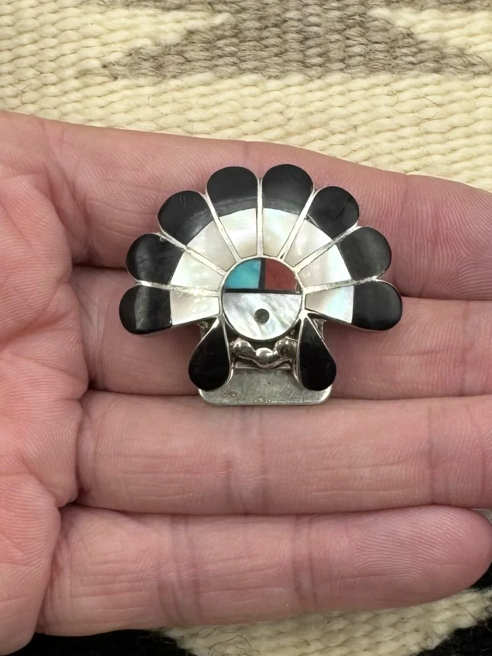 Zuni Native Sterling Silver Turquoise Multi Stone Inlay Sunface Bolo Tie Slide